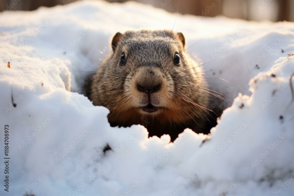Obraz premium Groundhog peeking out of its burrow in a snowy landscape