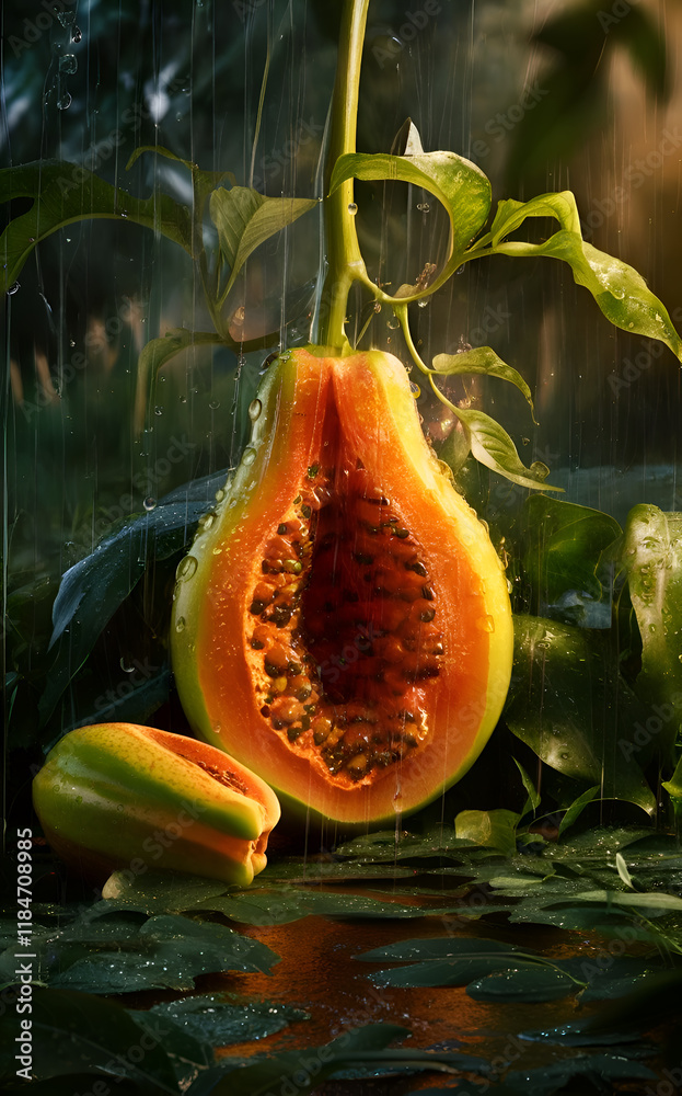 ripe papaya nestled on green leaves in garden with rain. close up. Conceptual digital artwork. Ai generated.