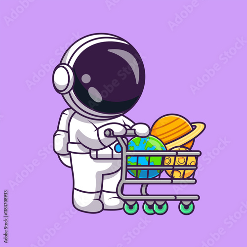 Cute Astronaut Bring Planet Earth Moon On Trolley Cartoon 
Vector Icon Illustration. Science Technology Icon Concept 
Isolated Premium Vector. Flat Cartoon Style 