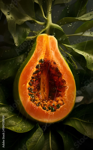 Obraz na płótnie ripe papaya nestled on green leaves in garden with rain. close up. digital artwork. Ai generated. w salonie