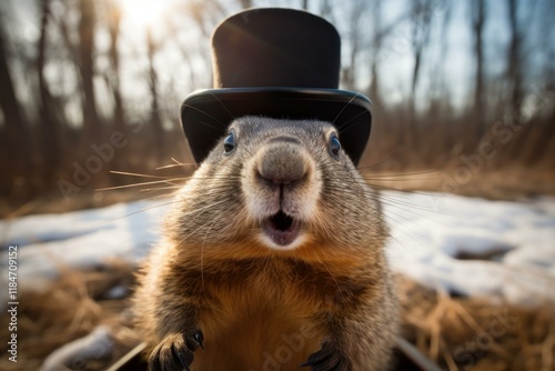 Groundhog wearing top hat emerging from its hole predicting weather on groundhog day