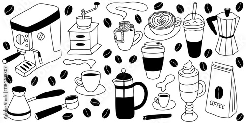 Coffee doodle vector set. Different coffee preparing tools, cups, coffee turk