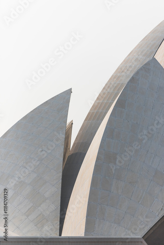 View of the lotus temple showcasing modern architecture and sculptural form, New Delhi, India. photo