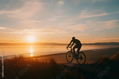 Silhouette of a Cyclist Riding Along the Beach at Sunset, Embodying Outdoor Adventure and Achievement-