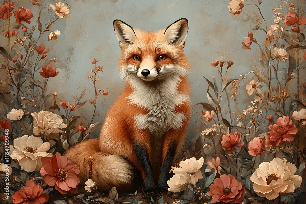 Fototapeta premium Vintage-style fox sitting within a floral border