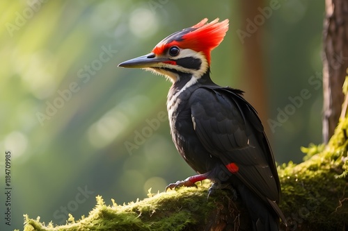 A majestic pileated woodpecker perched on a moss-covered tree, its vibrant red crest shining in the sunlight.