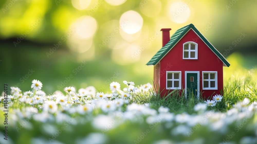 A small red toy house surrounded by daisies in a vibrant green field. A small red toy house surrounded by daisies in a vibrant green field.