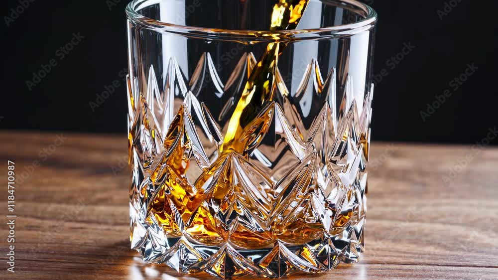 Pouring whiskey in a crystal glass, alcohol drink closeup