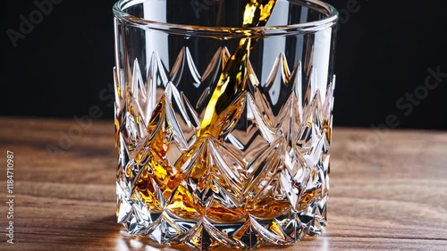 Pouring whiskey in a crystal glass, alcohol drink closeup