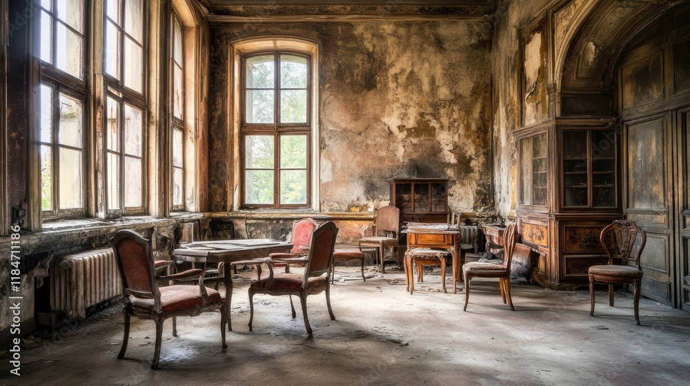 Naklejka premium A dimly lit grungy room with peeling paint on the walls, weathered wooden furniture, and dusty floors, creating a moody, abandoned atmosphere.