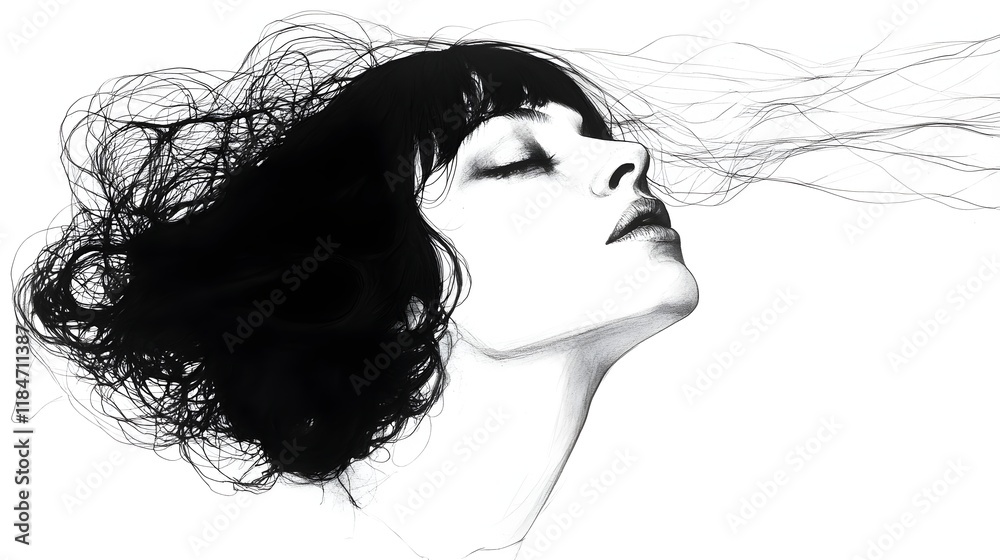 Naklejka premium Captivating Monochrome Portrait of a Woman with Flowing Hair in Motion