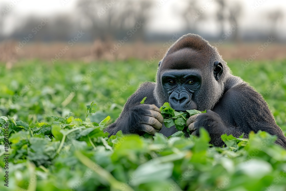 Naklejka premium Close up of Gorilla Sitting and Eating Leaves in Natural Environment