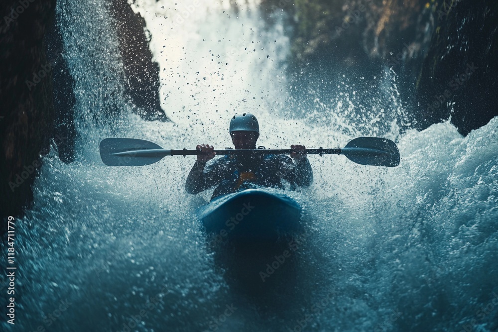 Naklejka premium Kayaker plunging down a waterfall in a dramatic ambience