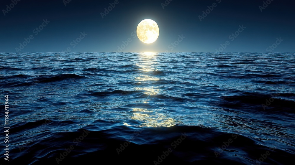 Full moon rising over calm ocean at night. Full moon rising over calm ocean at night.