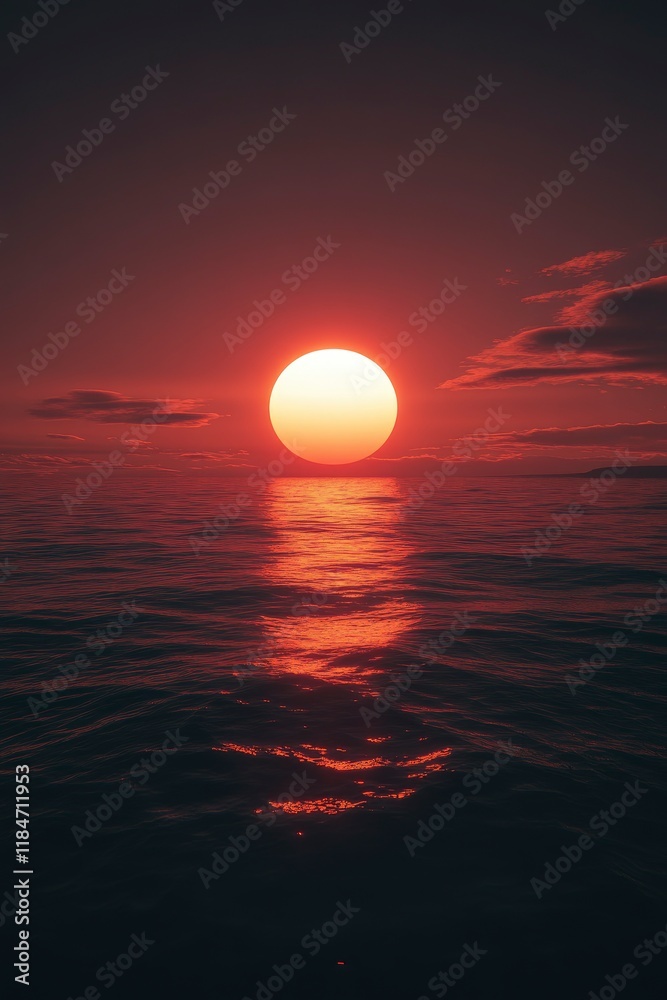 A red sunset over the ocean, with a large sun in the center of it. The sky is dark and orange. This scene will have an atmosphere that gives off a sense of warmth and beauty. A red sunset over the ocean, with a large sun in the center of it. The sky is dark and orange. This scene will have an atmosphere that gives off a sense of warmth and beauty.
