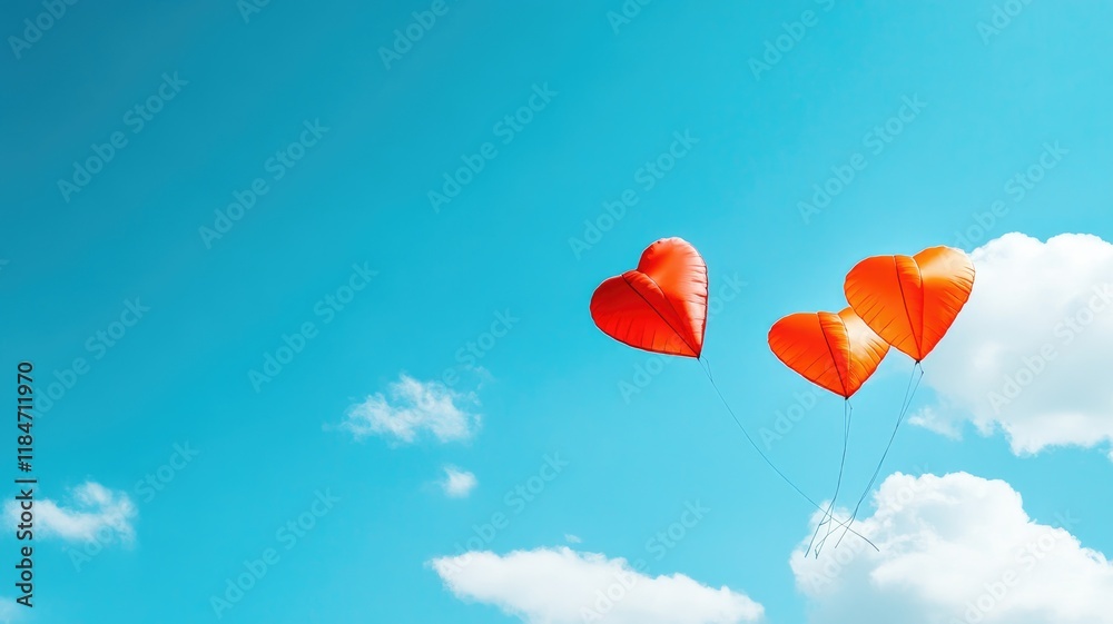 Three red heart-shaped balloons floating in clear blue sky with clouds