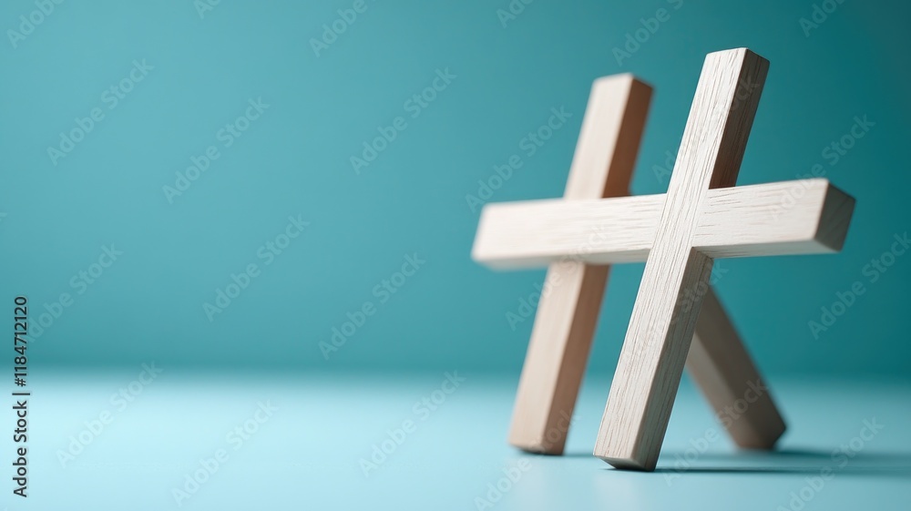 Obraz premium Two wooden hashtag symbols on blue background