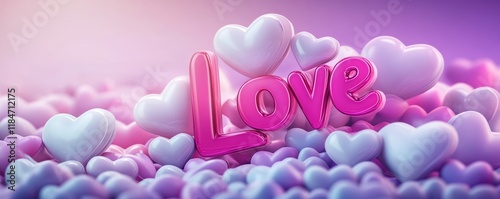 Pink Love Sign Surrounded by Hearts on Purple Background