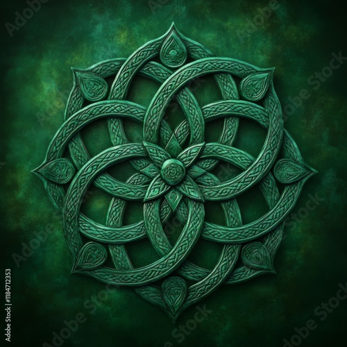 Celtic pattern rosette design intricately carved with swirling leaves and petals creating a stunning decorative element set against a rich green background enhancing significance in Celtic art
