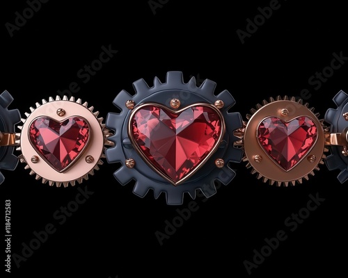 Valentinethemed mechanical bracelet with spinning gears and glowing red gemstones in heartshaped settings photo