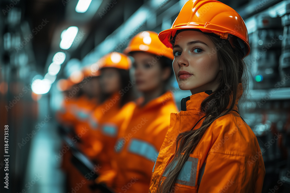 A group of factory employees receiving safety instructions, bright lighting, contrast A group of factory employees receiving safety instructions, bright lighting, contrast