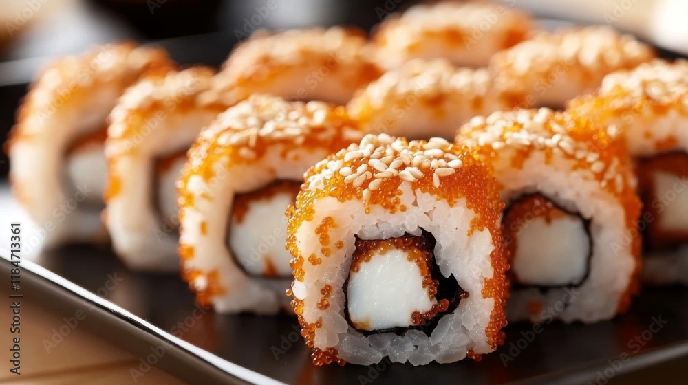 A close-up shot of uni sushi rolls, with rich, creamy sea urchin filling, placed on a sleek black platter and garnished with a sprinkle of sesame seeds. A close-up shot of uni sushi rolls, with rich, creamy sea urchin filling, placed on a sleek black platter and garnished with a sprinkle of sesame seeds.