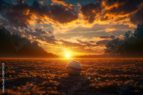 Softball resting on a dirt field under a glowing sunset, capturing the spirit of sports