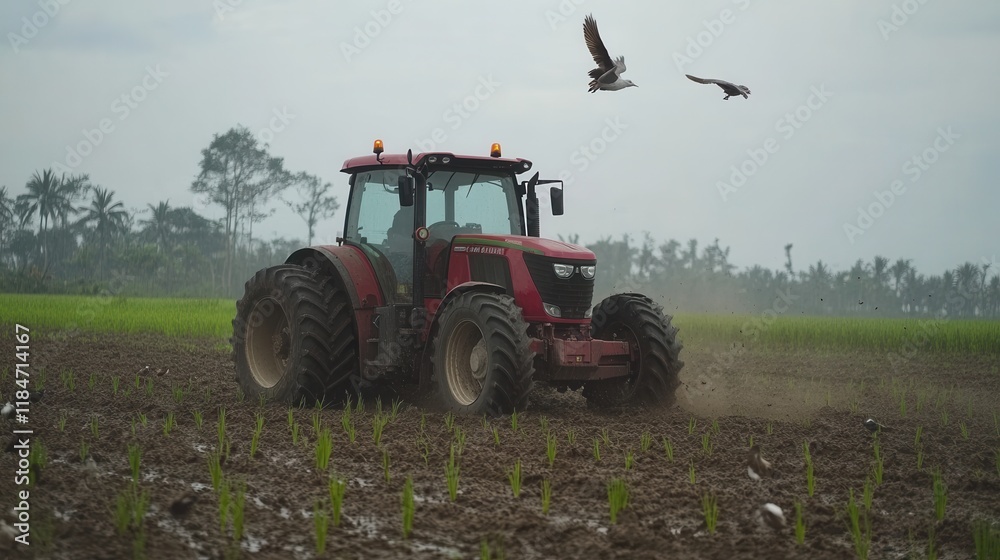 Fototapeta premium Tractor Plowing a Paddy Field Under Overcast Sky