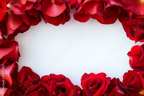 Close-up of a vibrant red rose frame, the petals lush and full, creating a lively border on a pristine white background.