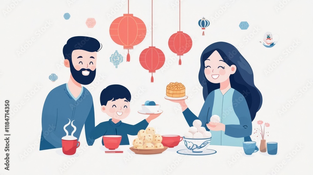 Family enjoying a traditional meal with noodles and dumplings. Family enjoying a traditional meal with noodles and dumplings.