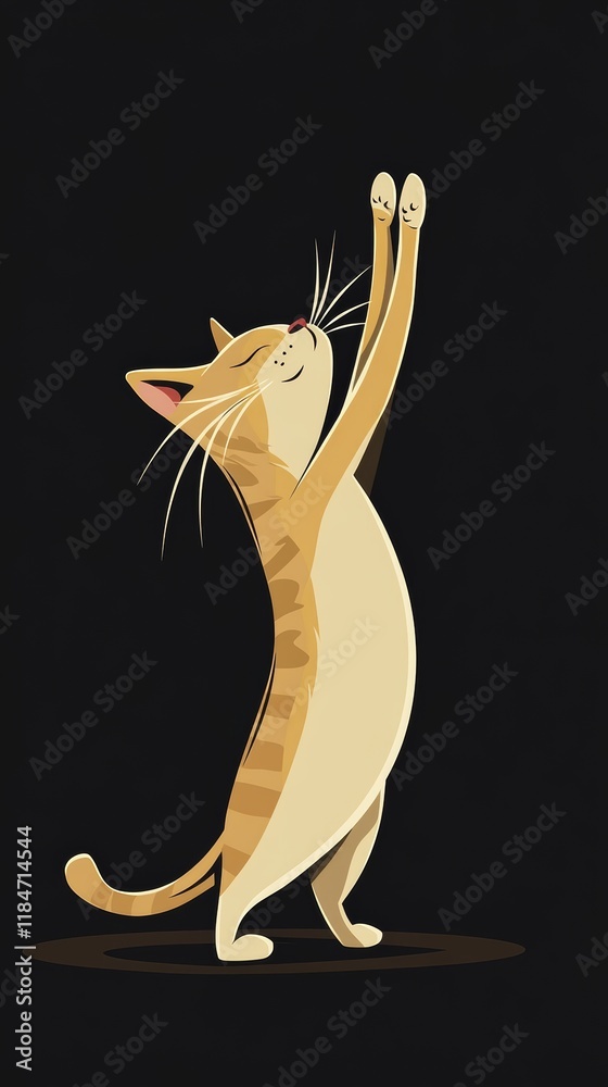 Naklejka premium Ginger cat standing on two legs raising paws on black background