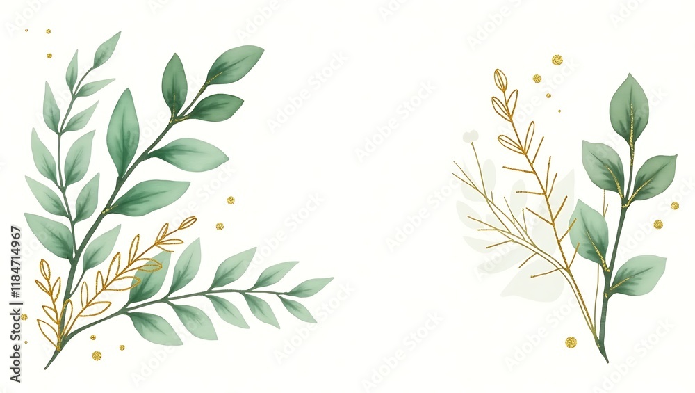 Naklejka premium Watercolor floral illustration set - colorful leaf branches collection, for wedding stationary, greetings, wallpapers, fashion, background. Eucalyptus, olive, green leaves, gold