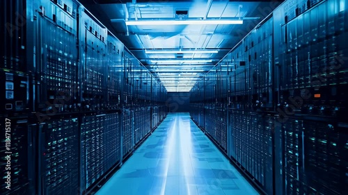 lighting hallway servers rows blue center long data network server datum technology computer indoor information technology support global communication part service domestic room equipment security