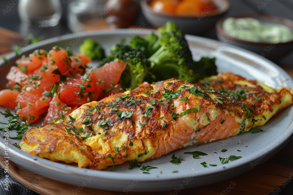 Omelet with smoked salmon and broccoli on a plate.. Generative AI Omelet with smoked salmon and broccoli on a plate.. Generative AI