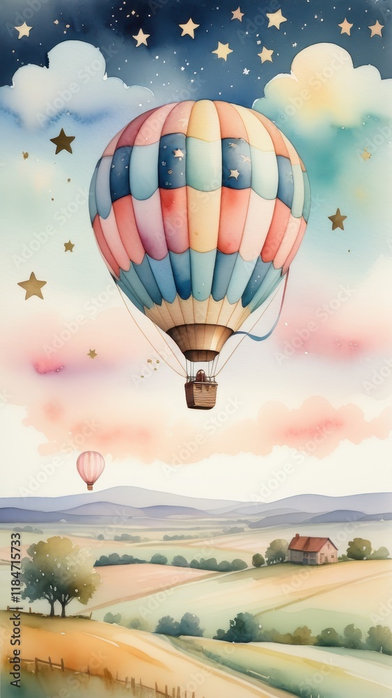 Fototapeta premium Serene countryside scene featuring a vintage hot air balloon painted in a whimsical style