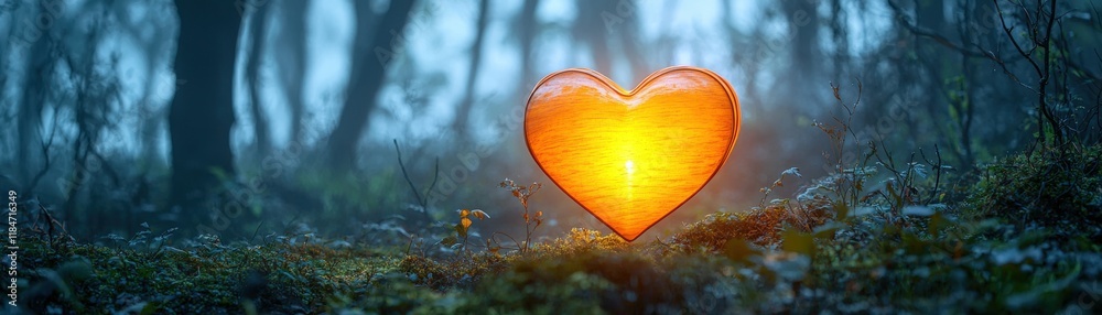 Fototapeta premium Glowing Heart Shaped Lantern in Misty Forest at Night Creating a Magical and Romantic Atmosphere
