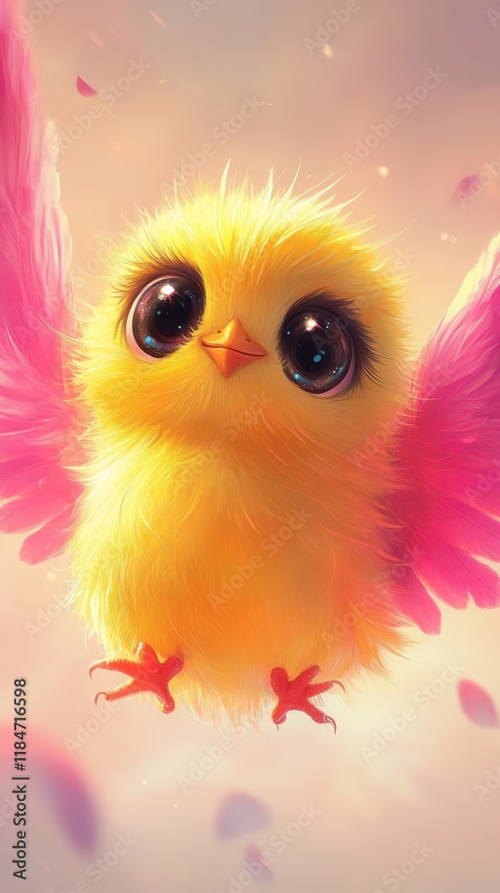 Fototapeta premium Cute yellow chick flying with pink wings and big eyes