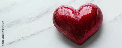 Shiny Red Heart Cake resting on Marble Surface