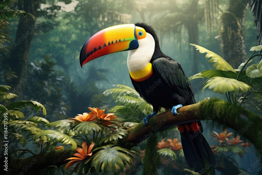 Naklejka premium A vibrant toucan perches on a branch amidst colorful flowers in the lush Amazon Rainforest during the early morning light