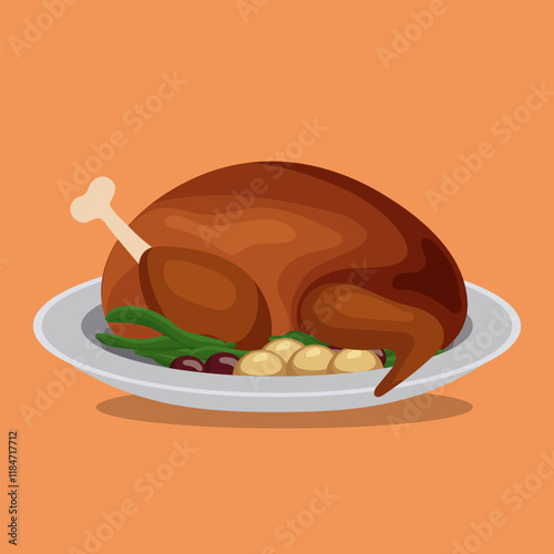 A mouthwatering image of a perfectly roasted turkey served on a white plate, surrounded by golden potatoes and green beans. The turkey is golden brown and glistening with juices