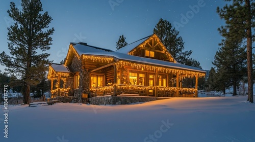 Wallpaper Mural A cozy cabin adorned with soft yellow Christmas lights, set against a snowy background of pine trees and a clear, starry night. Torontodigital.ca