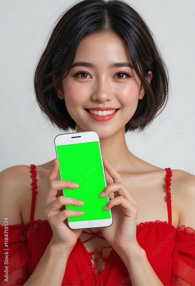Smiling Woman Holding Smartphone Green Screen Mockup Smiling Woman Holding Smartphone Green Screen Mockup