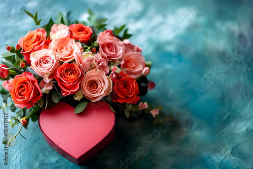 Valentinea??s Day bouquet paired with a heart-shaped gift box, symbolizing love and romance photo