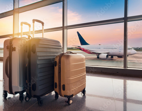 Varias maletas y equipaje junto al ventanal de una sala de espera de un aeropuerto con aviones al fondo