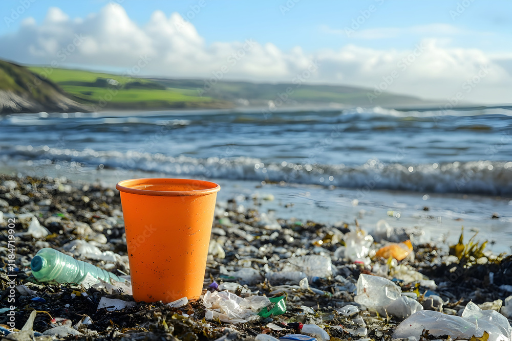 Vibrant orange cup among plastic waste on a beach with ocean waves and hills in the background, highlighting pollution awareness Vibrant orange cup among plastic waste on a beach with ocean waves and hills in the background, highlighting pollution awareness