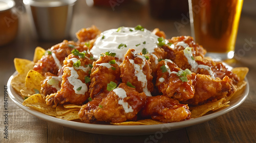 A plate of crispy fried chicken wings served with creamy nachos and a cold glass of beer