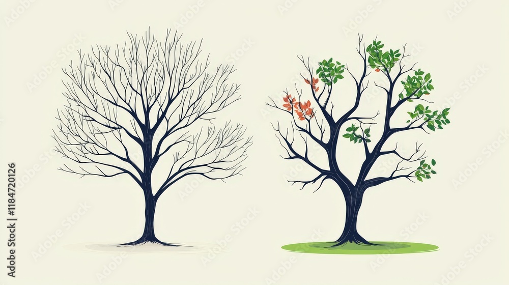 Obraz premium Illustration of Two Trees Depicting Seasonal Changes with Bare and Leafy Branches on Neutral Background