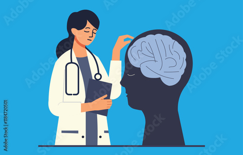 Doctor examining patient with a bandaged brain. Mental health, brain health, neurology, psychology, psychiatry, brain injury, dementia, healthcare, medicine, treatment, diagnosis, patient care.