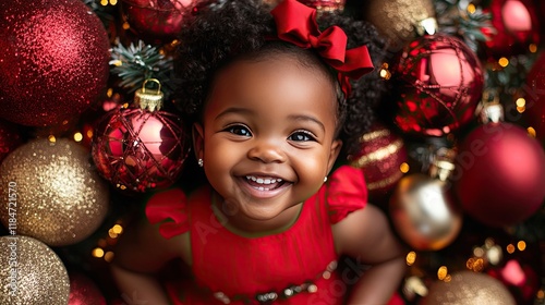 Adorable African American toddler girl beams in a red dress, surrounded by sparkling Christmas ornaments. Festive holiday cheer!