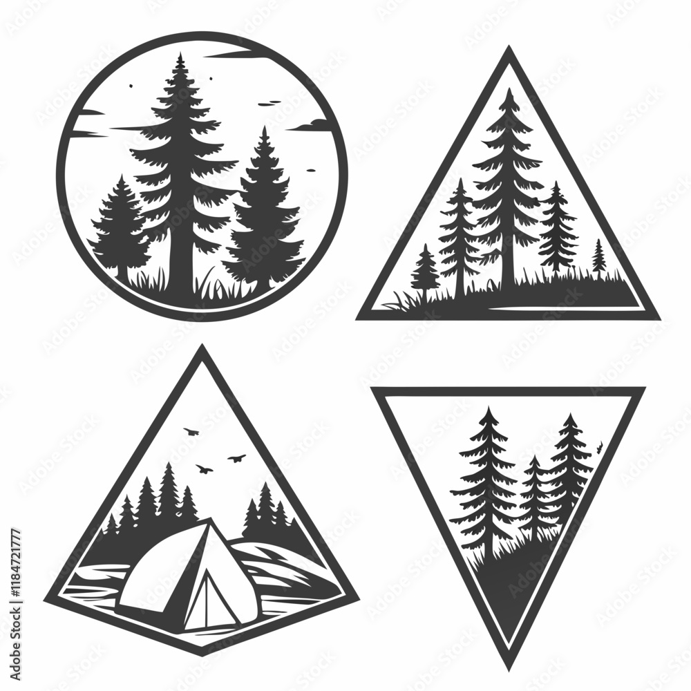 Fototapeta premium Set of monochrome landscapes in geometric shapes circle, triangle, rhombus. Natural sceneries with wild pine forests. Flat vector for company logo or camping logo.